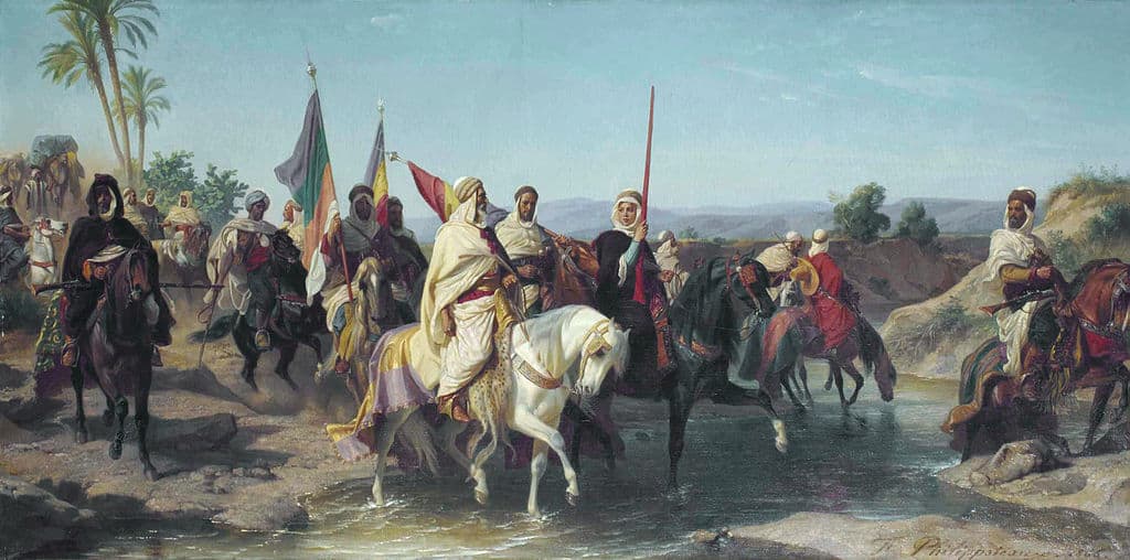 19th-century painting of Lalla Fatma N’Soumer and Chérif Boubaghla riding with an armed group on horseback as they cross a river, with flags raised behind them.