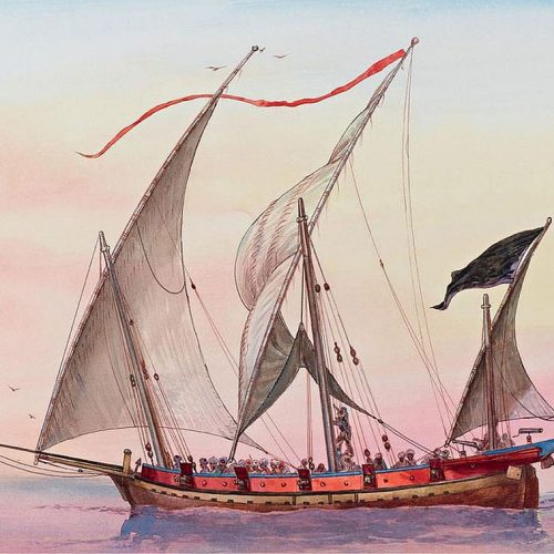 Illustration of a Barbary corsair xebec under sail, with three lateen sails and a crowded deck at sea.