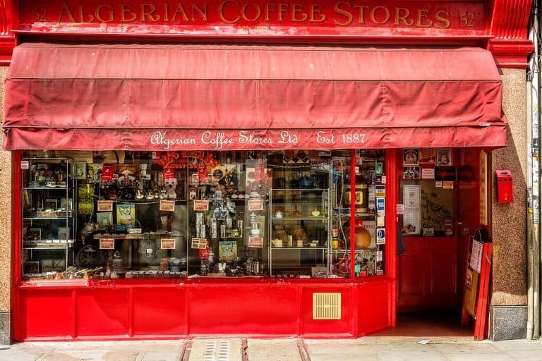 Front exterior of Algerian Coffee Stores on Old Compton Street, London.