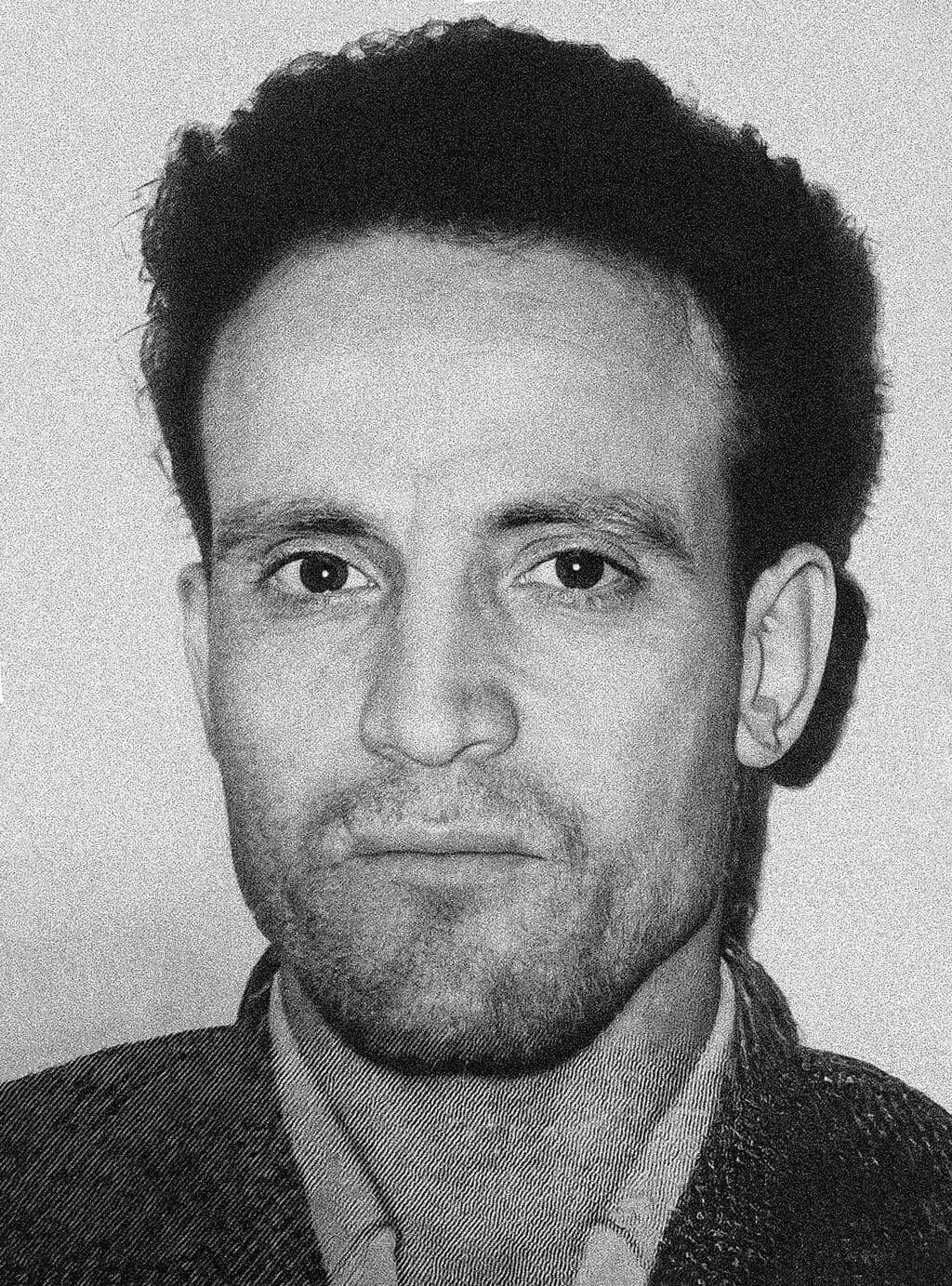 Black-and-white portrait of Larbi Ben M’hidi, Algerian revolutionary leader.