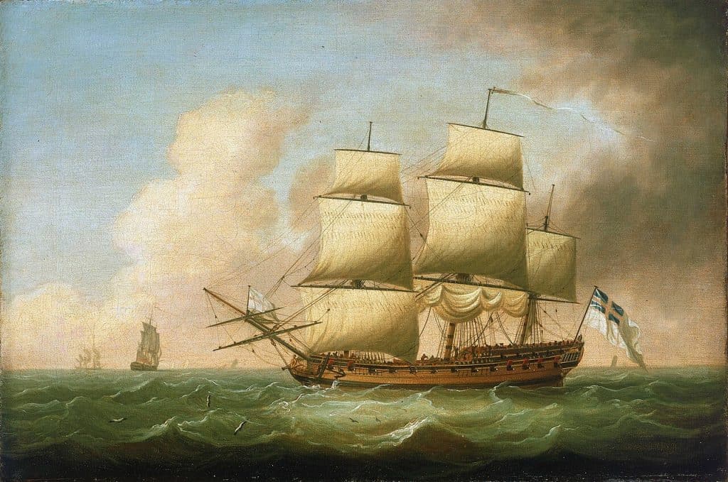 Eighteenth-century painting of a sailing frigate seen from the side, with sailors on deck and sails partly unfurled.