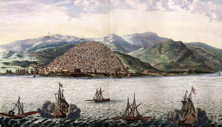 Early 18th-century panoramic illustration of Algiers viewed from the Mediterranean.