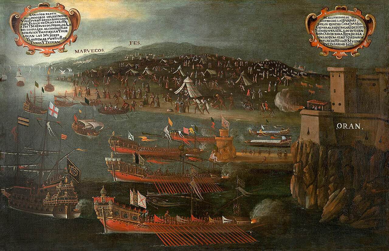 Moriscos disembarking at the port of Oran in 1613, depicted in a painting by Vicent Mestre.